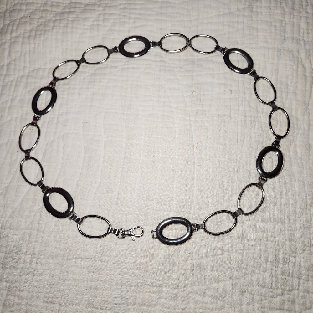 Vintage Silver Tone Belt  Metal Oval Chain Link  Lobster Claw  Stainless Steel